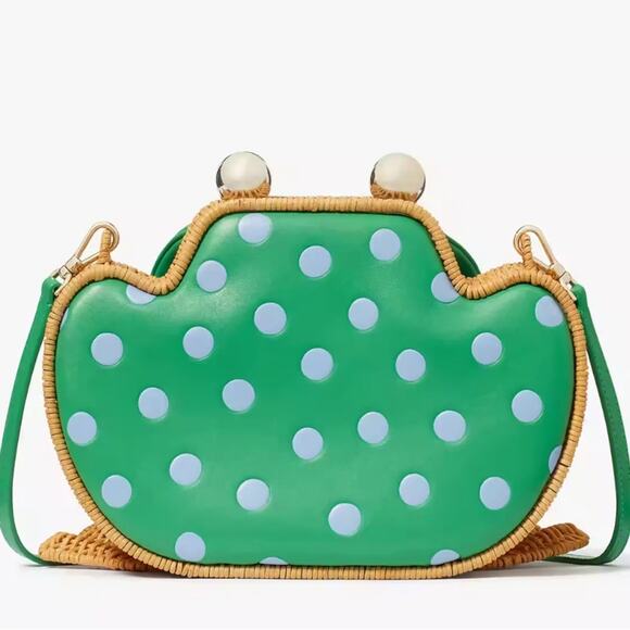 NWT Kate Spade Lily Polka Dot Wicker 3D Frog Crossbody/Green/Wicker-Leather - Picture 4 of 13